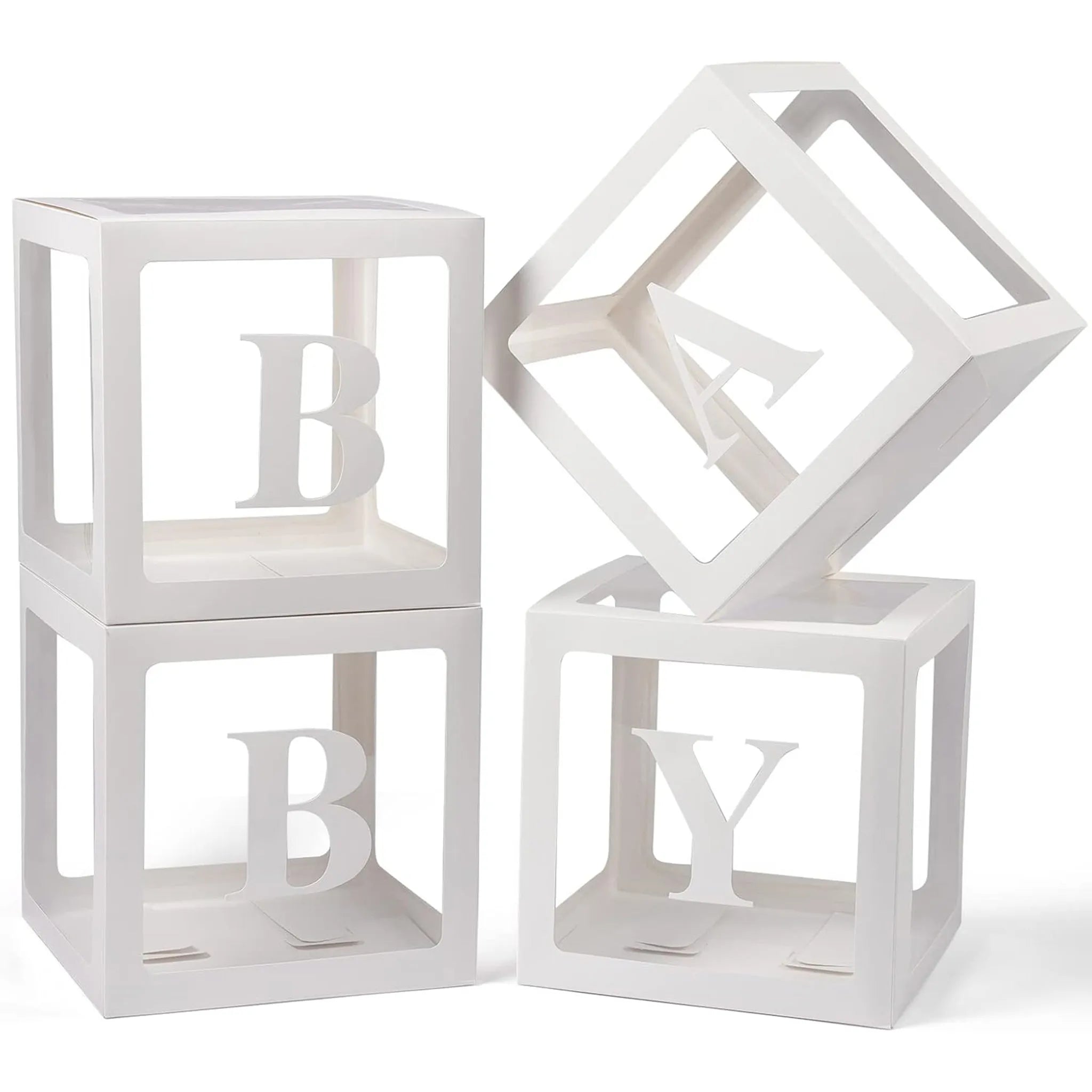 Three white wooden cubes with letters spelling 'BABY' on a white background
