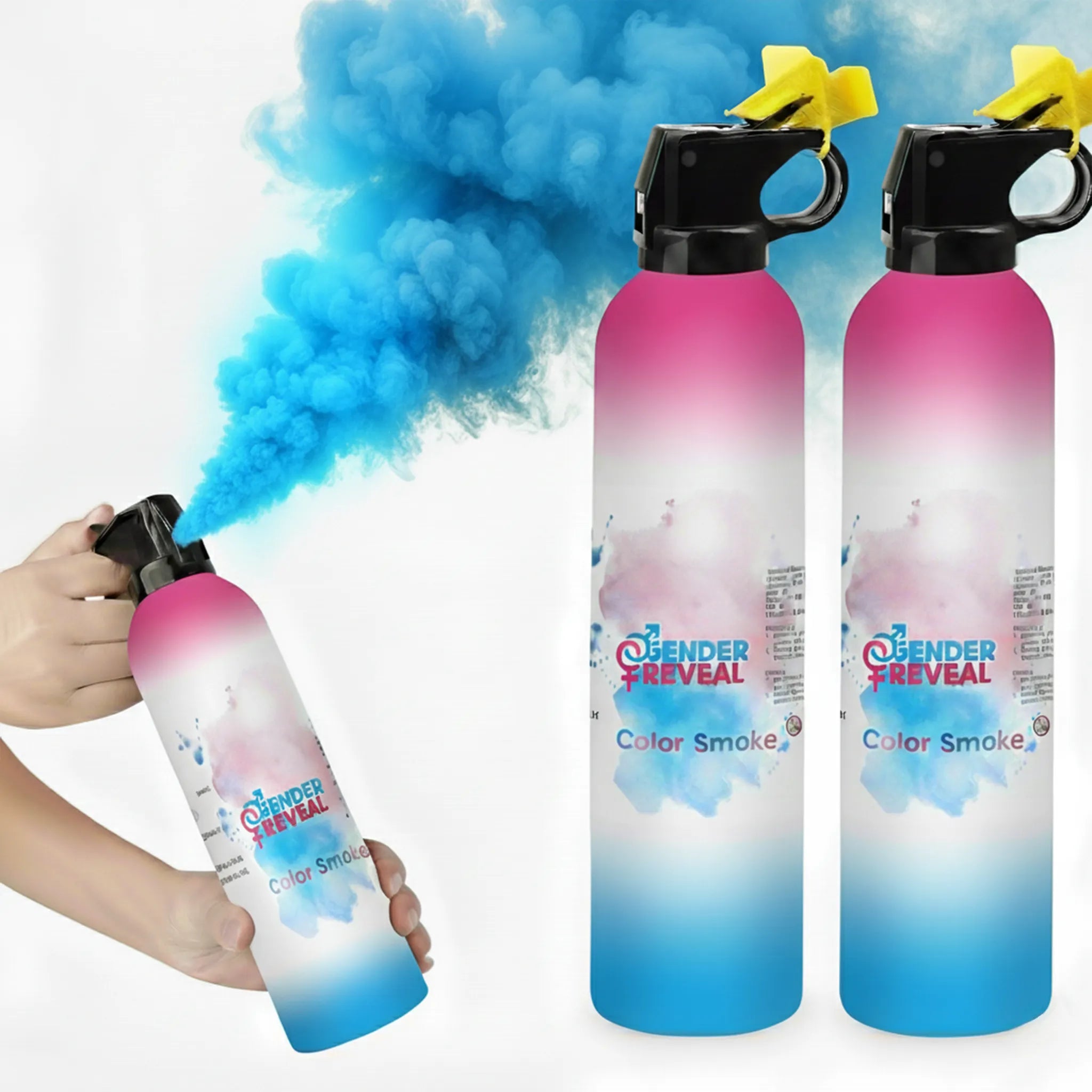 Blue gender reveal extinguishers release on a white background