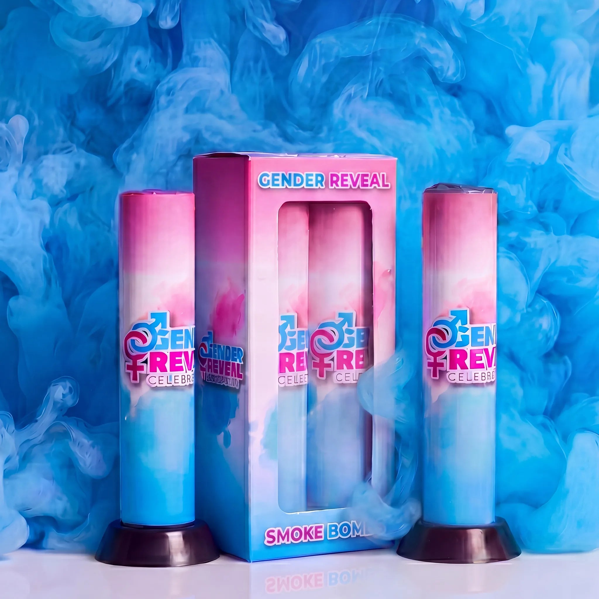 Two Gender Reveal smoke canisters with blue smoke in the background