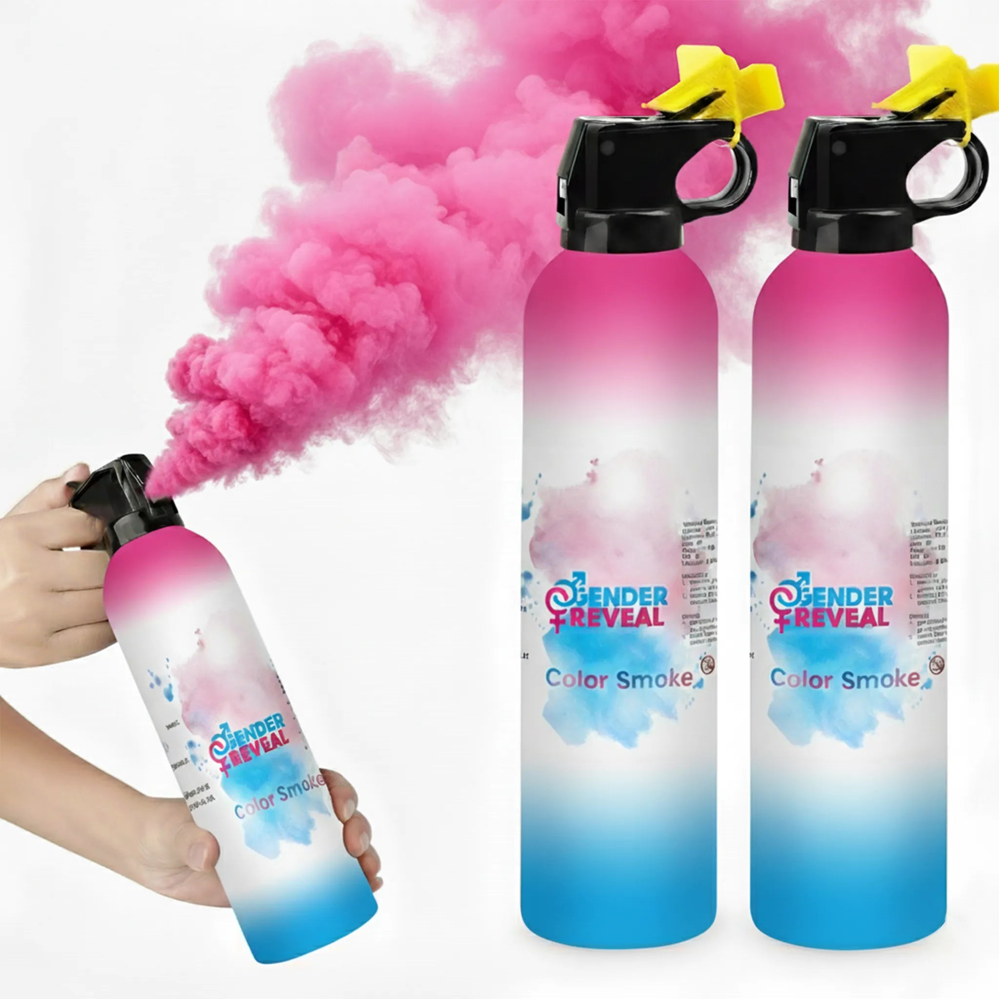 Pink gender reveal extinguishers release on a white background