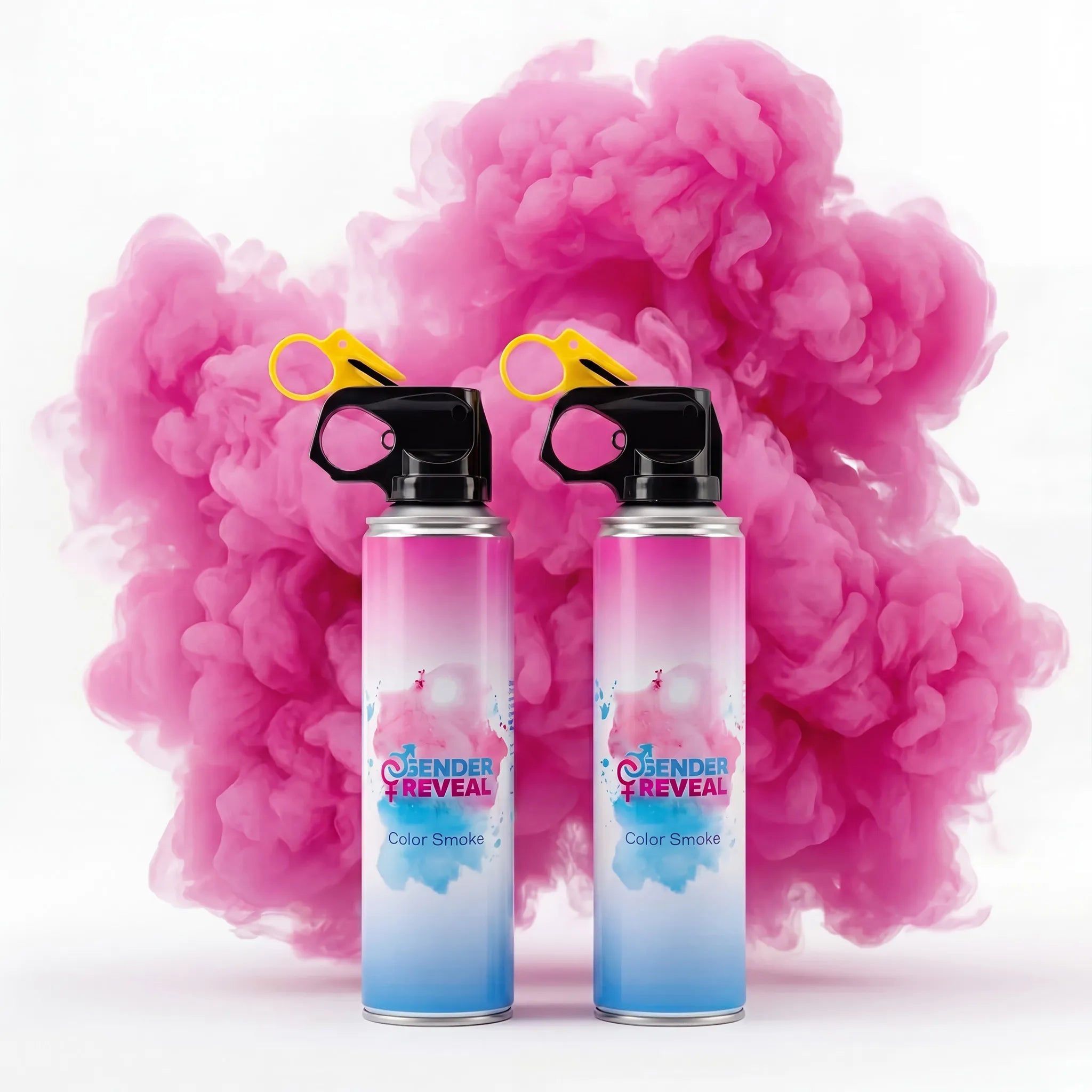 Two cans of gender reveal color smoke with pink smoke on a white background