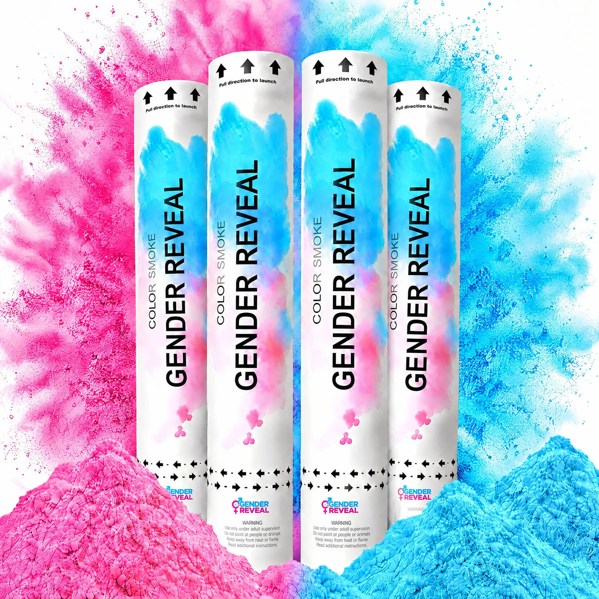 Four white cylindrical smoke machines labeled 'GENDER REVEAL' with blue and pink powder bursts behind and around them on a white background.