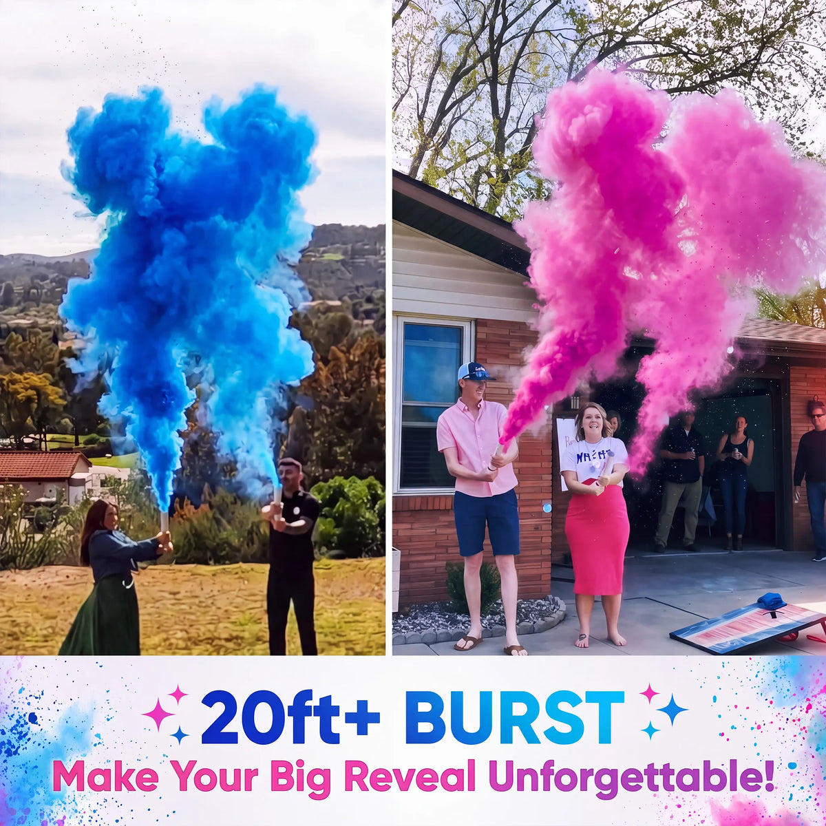 Gender reveal powder cannon shooting non-toxic colored powder 20+ feet into the air