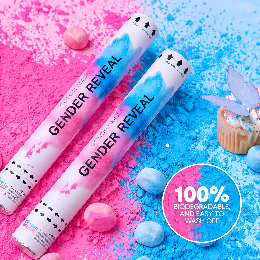Two smoke cannon gender reveal powder cannons on display with pink and blue powder displaying