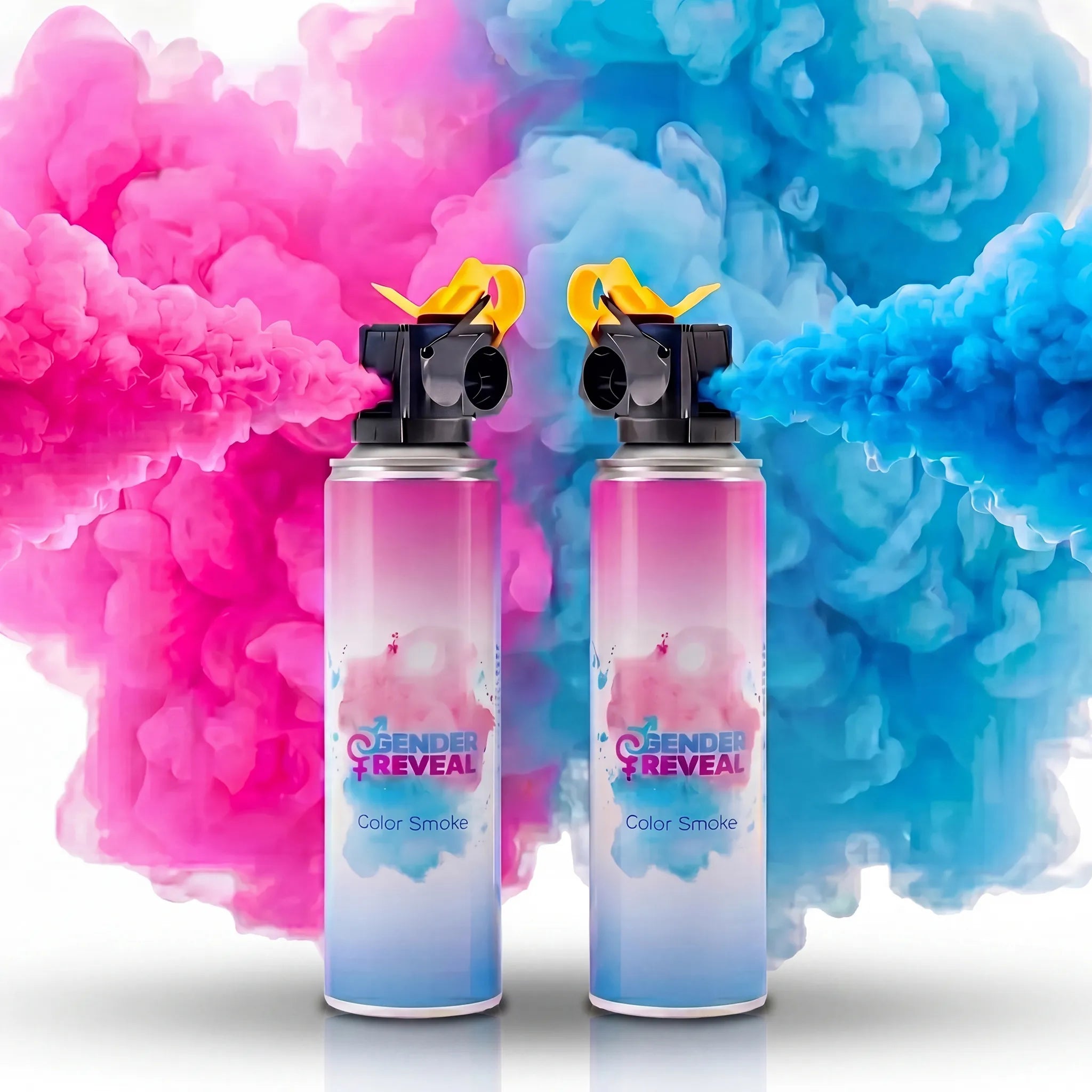 Two Gender Reveal Fire Extinguisher smoke cans with pink and blue smoke against a white background
