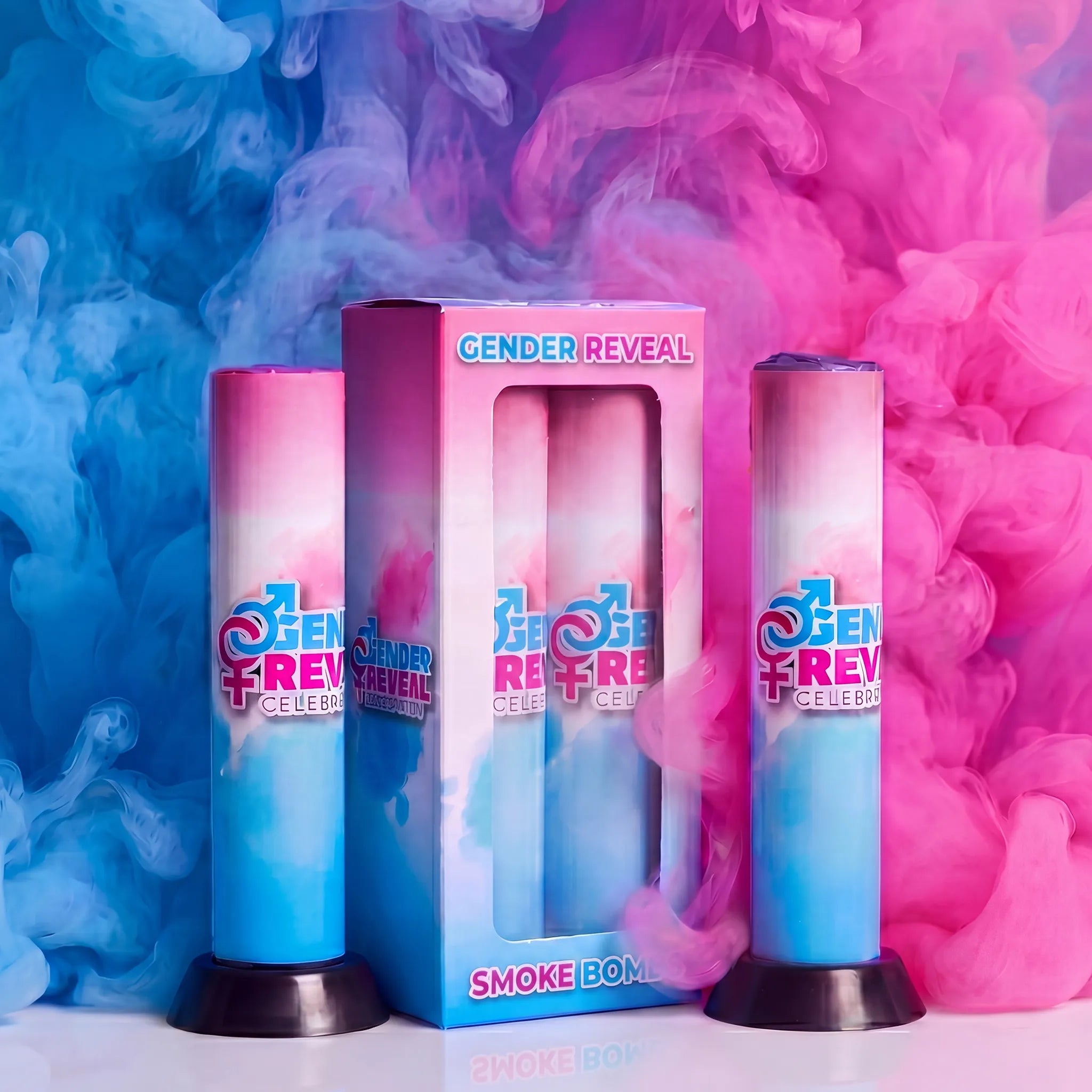 Gender reveal smoke products with blue and pink smoke on a split background