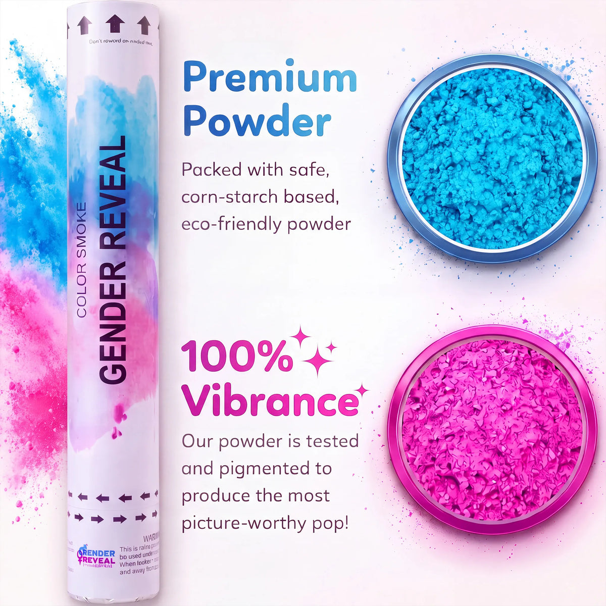 Gender Reveal Celebrations smoke cannon displayed showing the pink or blue powder