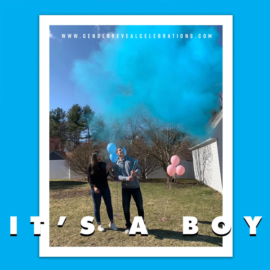 Blue Gender Reveal Smoke Cannons Couple Celebratin It's A Boy