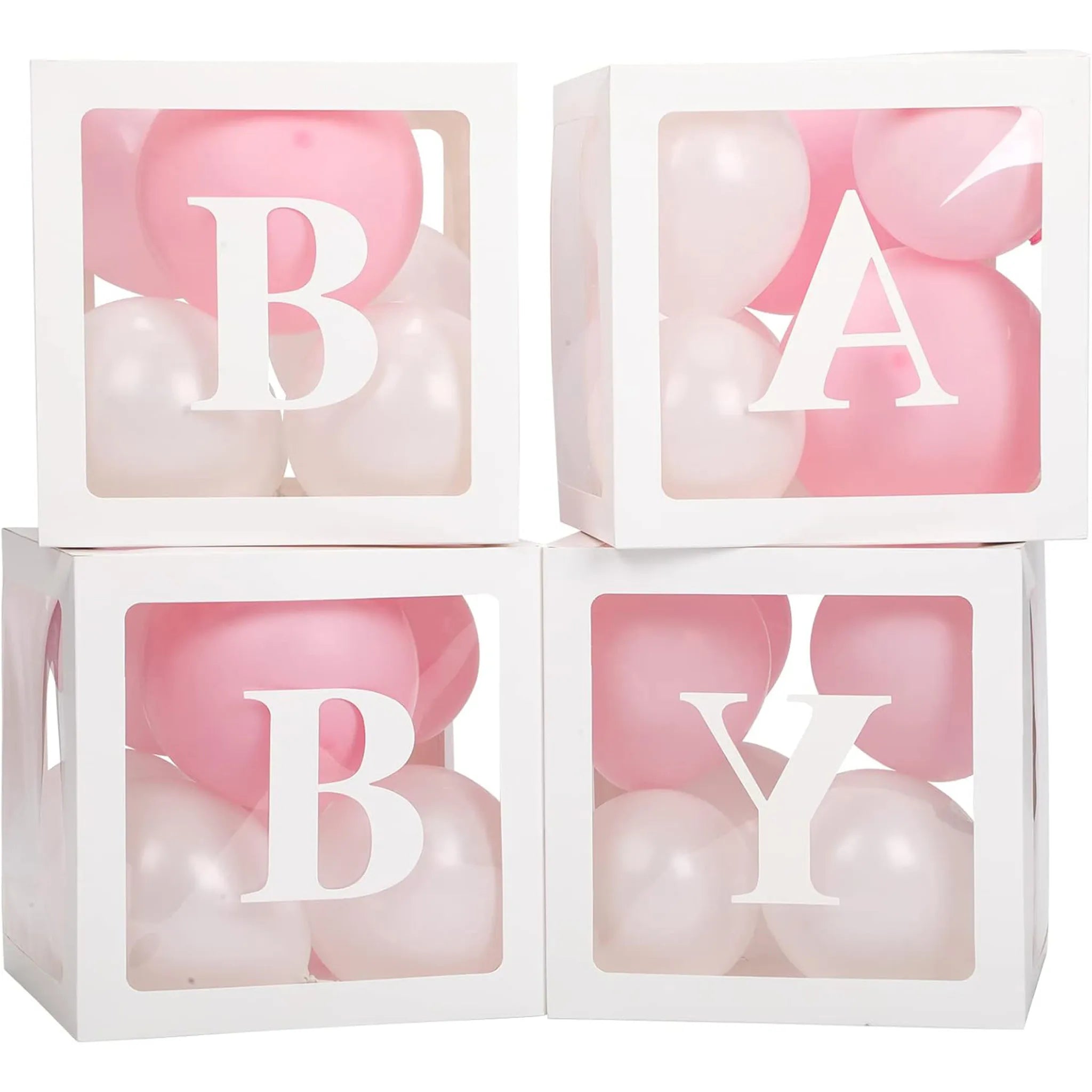 Four white boxes with pink and white balloons inside, spelling out 'BABY'.